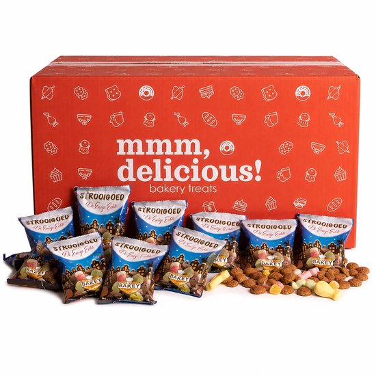 Oranje doos met witte en rode illustraties van gebak. Hierin staan 9 zakjes strooigoed, met de tekst "mmm, delicious!" erop.