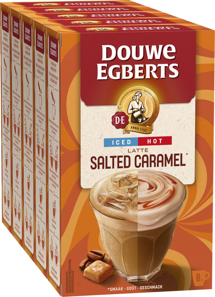 Douwe Egberts oploskoffie salted caramel - warm/koud - 5 x 8 zakjes