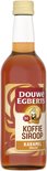 Fles Douwe Egberts Karamel Koffiesiroop met rood, geel en oranje label en opdruk.