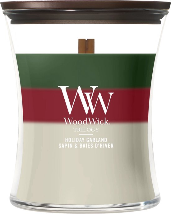 WoodWick Trilogy Holiday Garland geurkaars met witte, rode en groene lagen.
