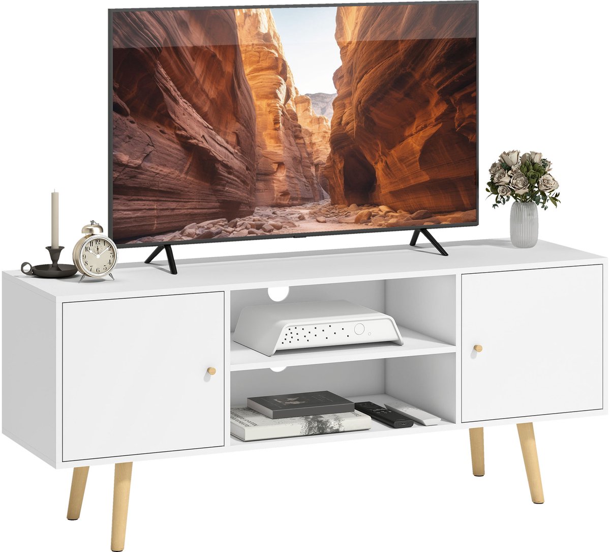 TV-kast - 2 deuren - 2 nissen - met openingen voor kabelbeheer- poten van grenenhout - panelen - wit - 120 x 34 x 50 cm