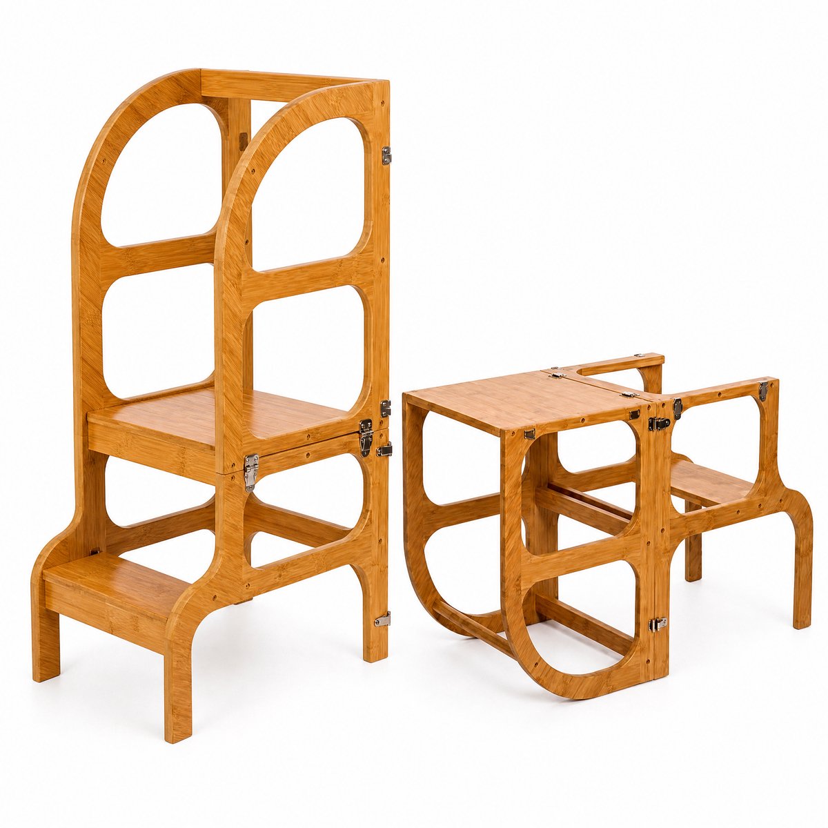 Qwali 2-in-1 Leertoren - Opvouwbaar - Keukenhulp en speeltafel - Montessori Keukentrapje - Opstapje keuken - Bruin