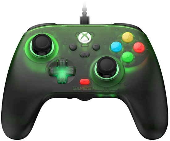 Gamesir T7 Pro draadloze controller in retro groen met doorzichtige behuizing.