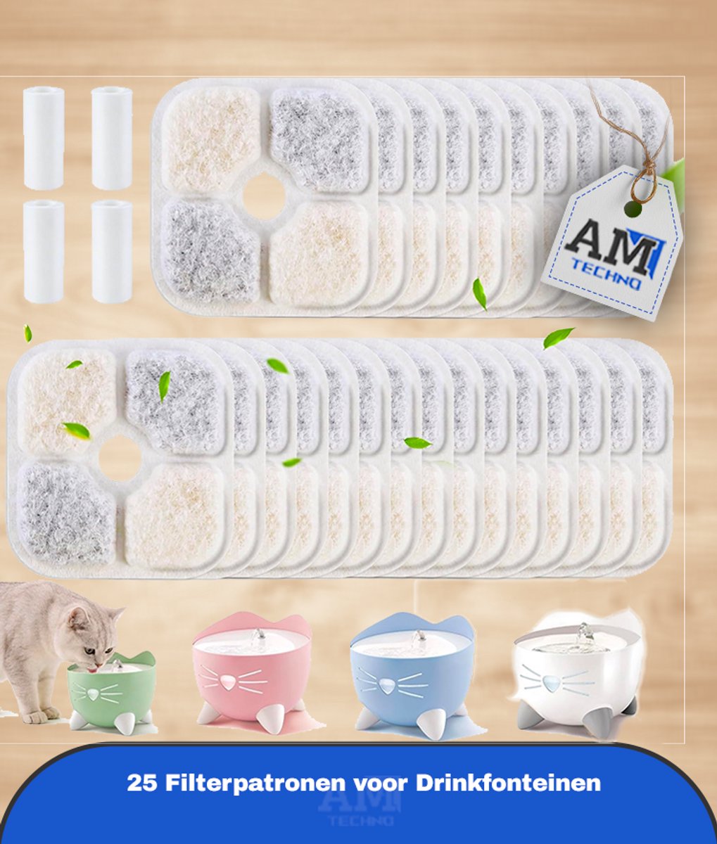 25 Filterpatronen voor Drinkfonteinen voor Katten, compatibel met Catit Pixi Vervangingspatronen voor Drinkfonteinen voor Huisdieren, Actieve Koolstoffilterpatronen, met 4 Flexibele Slangen