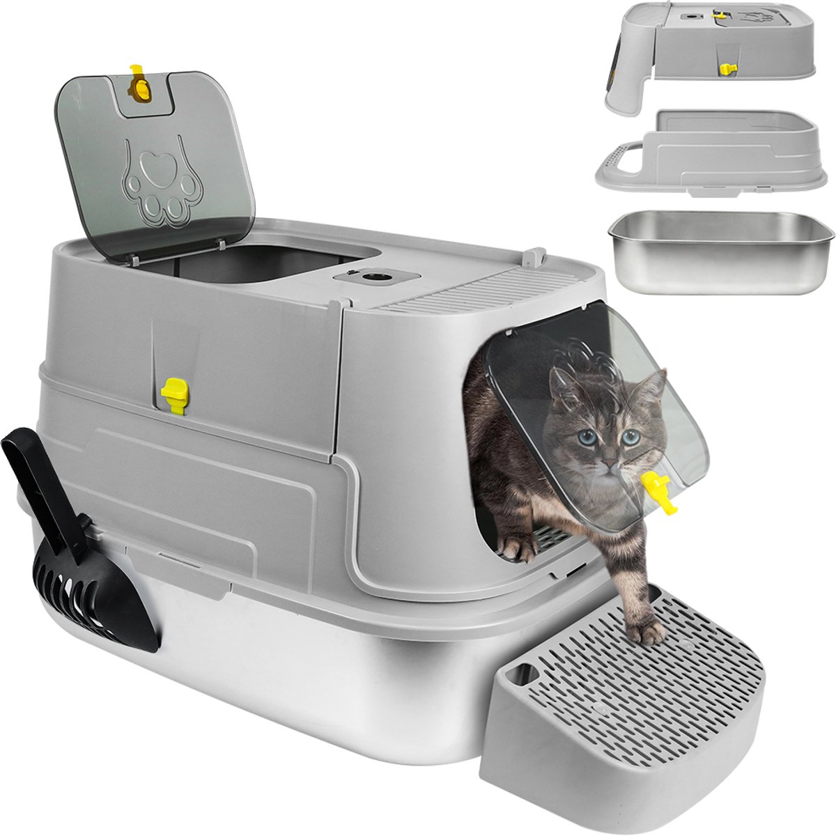 PIPIPOXER Kattenbak RVS -Kattentoilet Roestvrijstaal - Incl. Kattenbakschep met Houder en Gritopvang Opstapje - Gesloten Kattenbak met Lade - 2 in 1 Open Kattenbak - Kattentoilet -36x48.5x39.5cm - Grijs