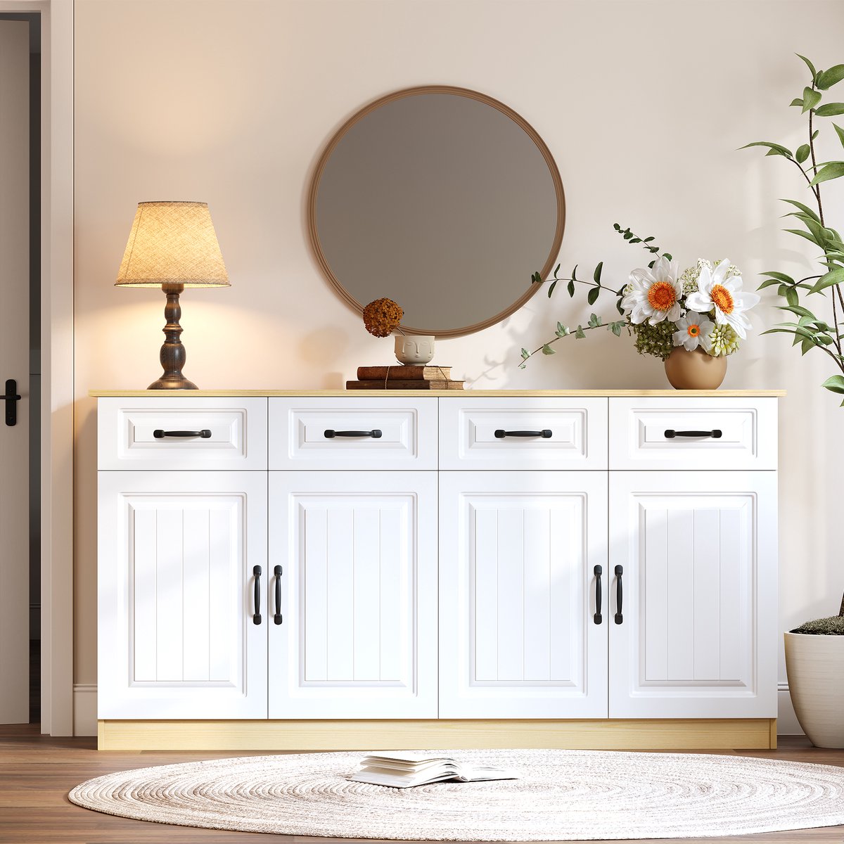 PHOEBE CAT Dressoir - Halmeubel - 4 deuren - 4 lades - Verstelbare planken - Metalen handgrepen - Wit + Naturel houtkleur