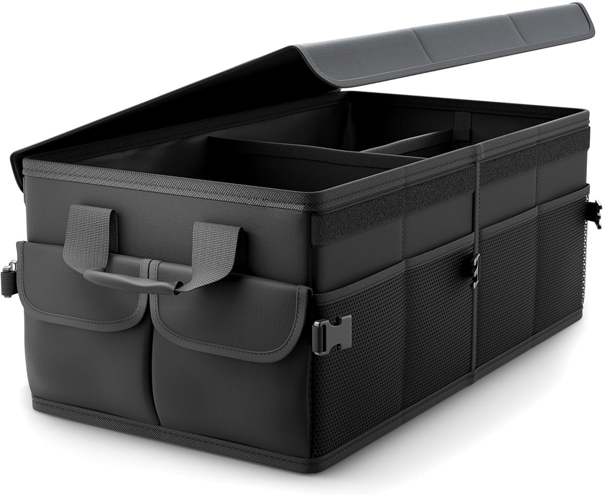 Kofferbak Organizer – Opvouwbare Kofferbakorganizer 60L – Auto Organizer met Deksel en 3 Vakken – Kofferbak Opbergdoos van 600D Oxford – Opvouwbare Auto Organizer met Zijvakken en 2 Bevestigingsriemen – Zwart