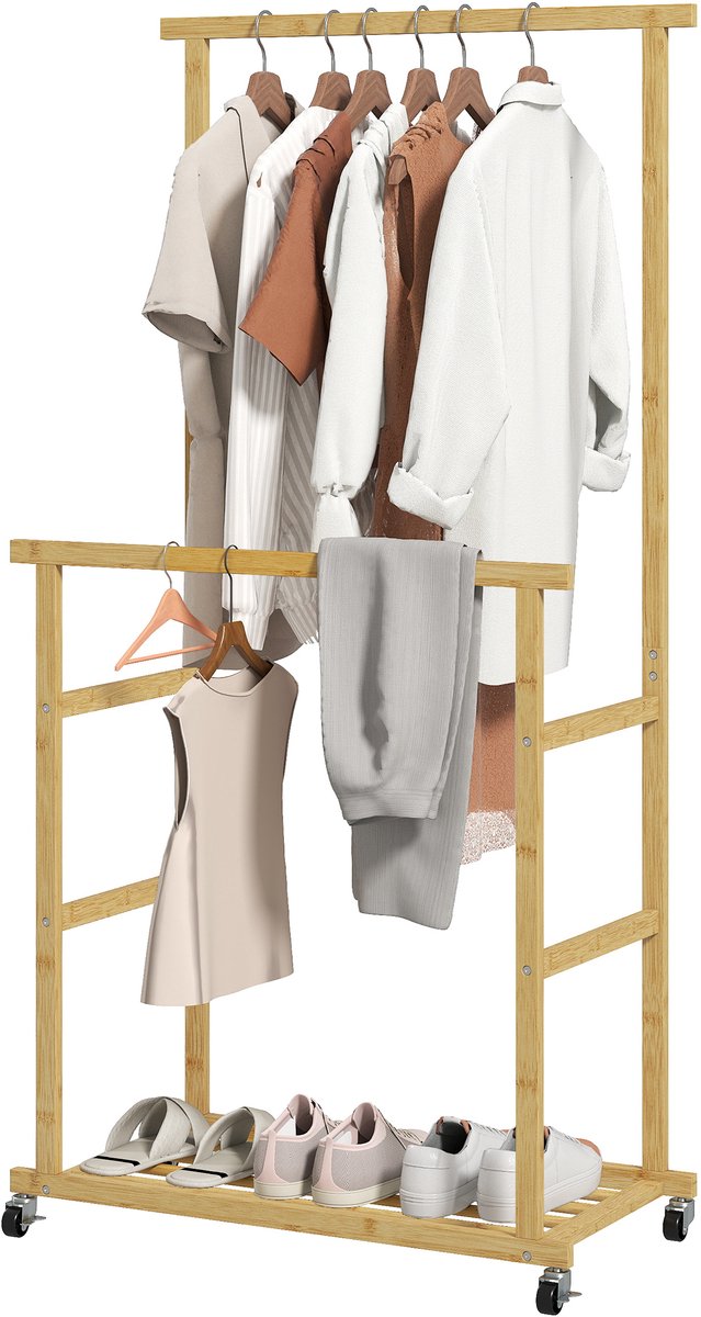 ECTEATOY® Kledingrek Verrijdbaar - Met 2 Kledingroedes en Schoenenrek - op Wielen - 80 x 40 x 160 cm - Natuurlijk Hout