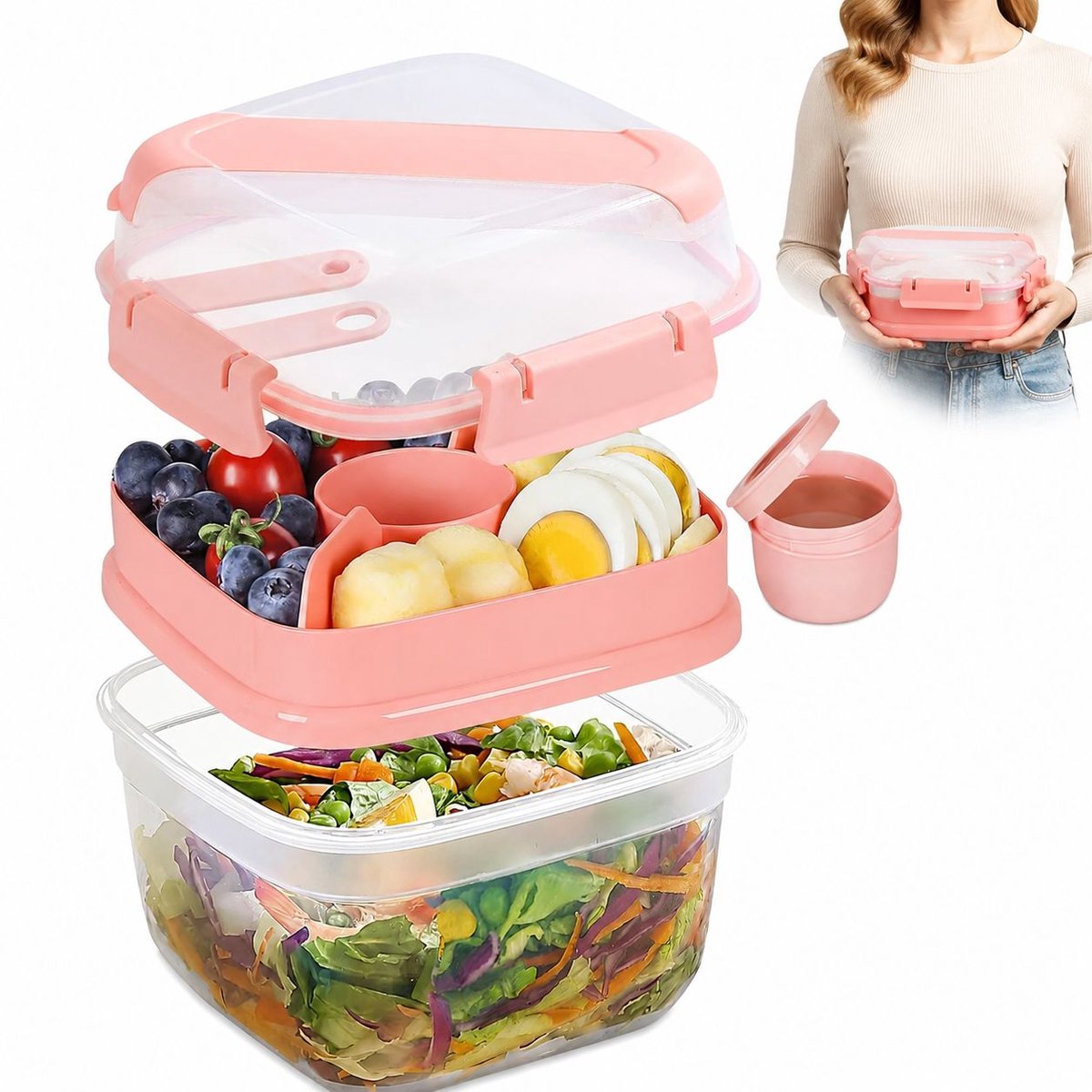 Bobypet - Lunchbox - 1,3 L lekvrije bento box met vakken en bestekvak - voor school, kantoor, picknick en reizen