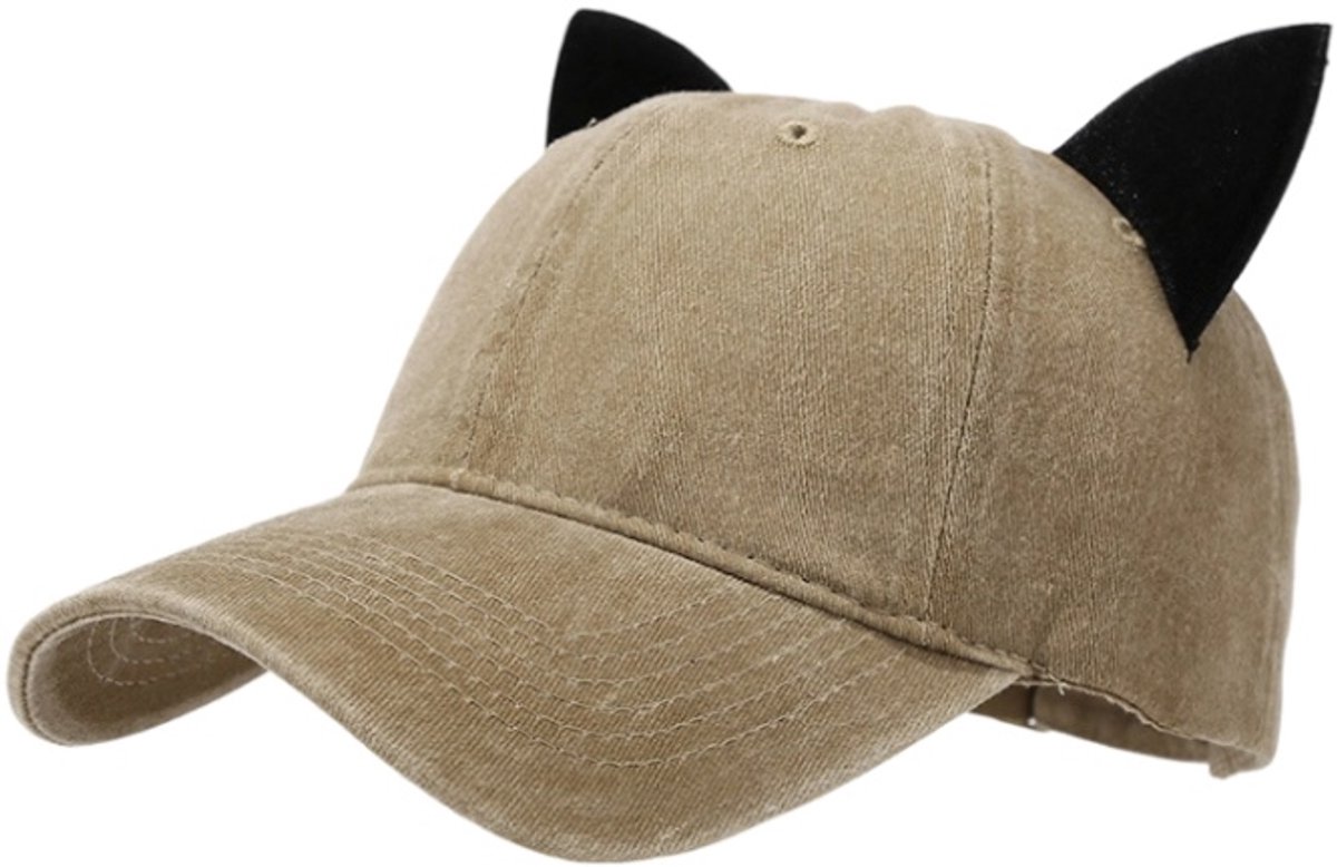 Unisex Baseballpet / Trucker Cap met kattenoren – Vintage stijl pet met paardenstaartopening – Khaki