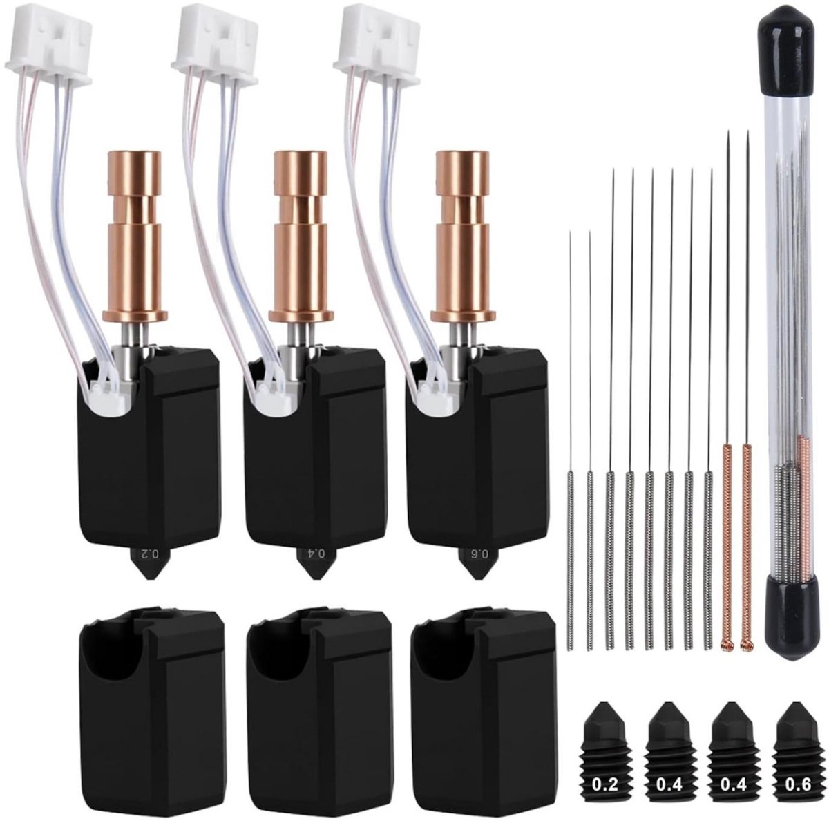 GELLDG 1 Set Metalen Hotend Kit - Keramisch Heizblock met Verstelbare Nozzles (0,2/0,4/0,6mm) - Geschikt voor Kobra S1 S1C - Hittebestendig - Incl. Thermistor, Verwarmingsstaaf, Silikonhuls en Reinigingsnaalden