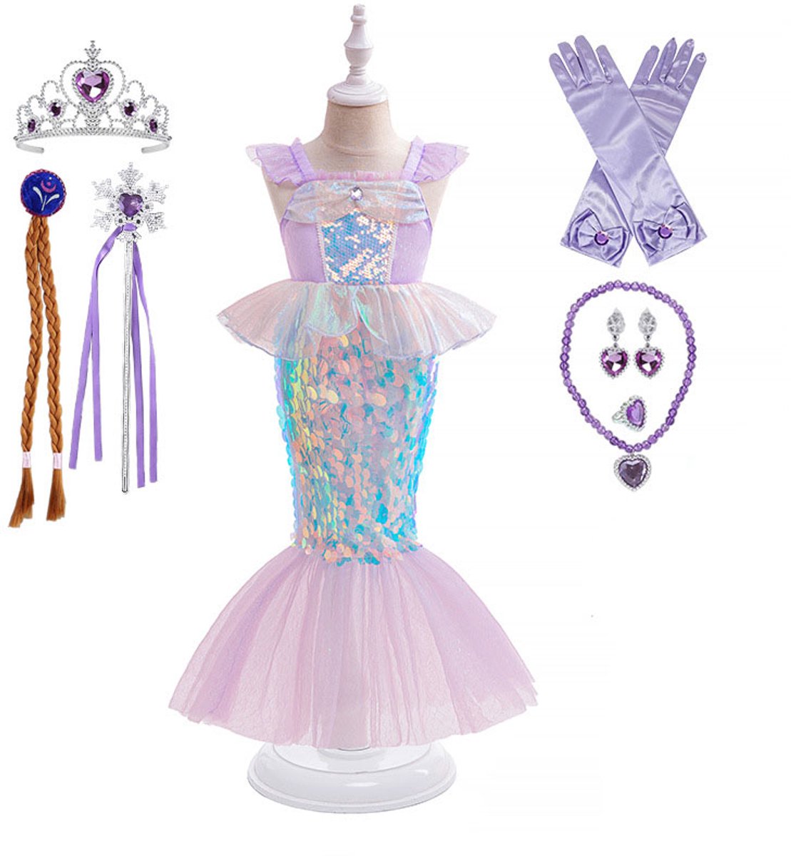 Zeemeermin-jurk – Outfit in prinsessenstijl – Maat 120 cm – Set van jurk en accessoires – Feestjurk met pailletten – Kostuum voor kinderen van 3–8 jaar – Lichtpaars