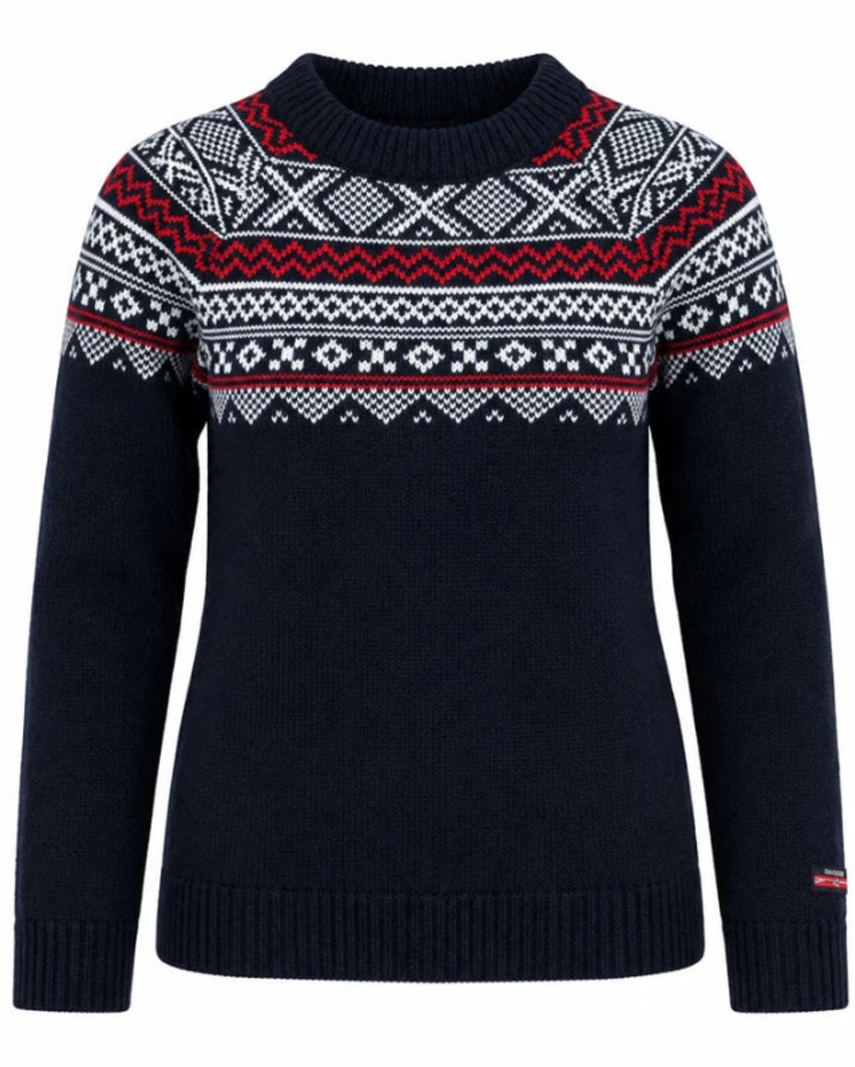 Norfinde damestrui van Noorse wol – marineblauw met traditioneel patroon – 100% zuivere wol