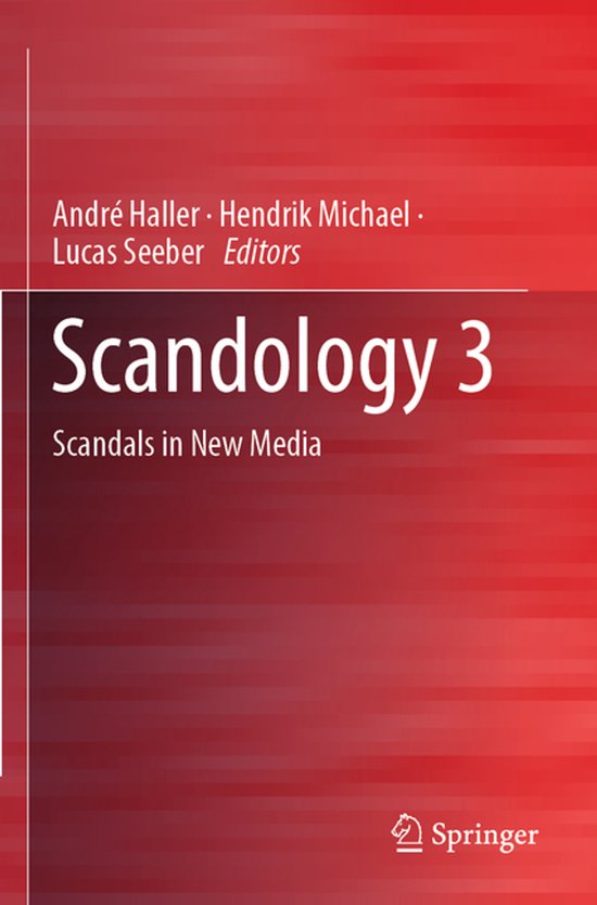 Boek 'Scandology 3: Scandals in New Media' door André Haller, Hendrik Michael en Lucas Seeber. Rood abstract patroon.