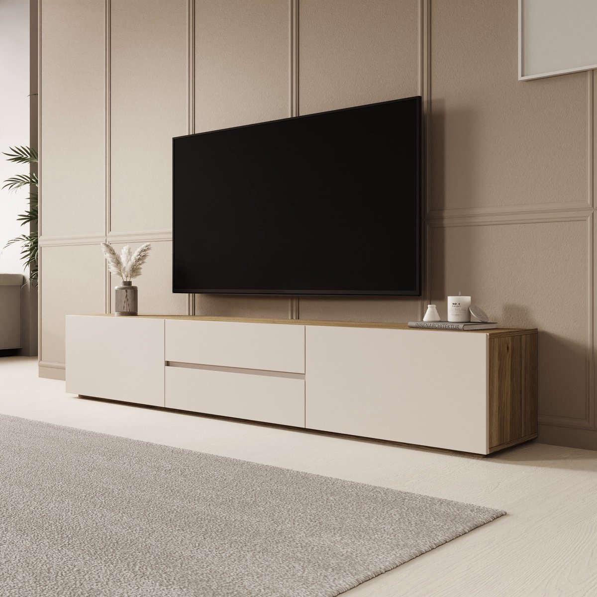 Meubella - Cumi - TV-Meubel - Beige/Eikenpatroon - 200x34x36 cm