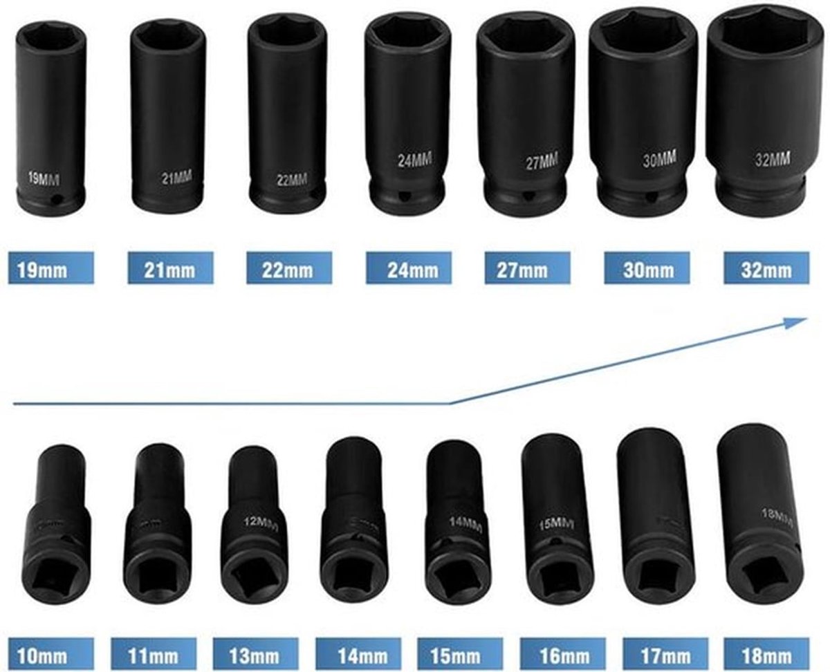 Dopsleutelset 16-delig - Slagmoersleutels - 1/2 Inch Aandrijving - 10 Mm/32 Mm Binnenzeskant - Chroom-molybdeen-staal - Gereedschapskist - Slagsleutelset