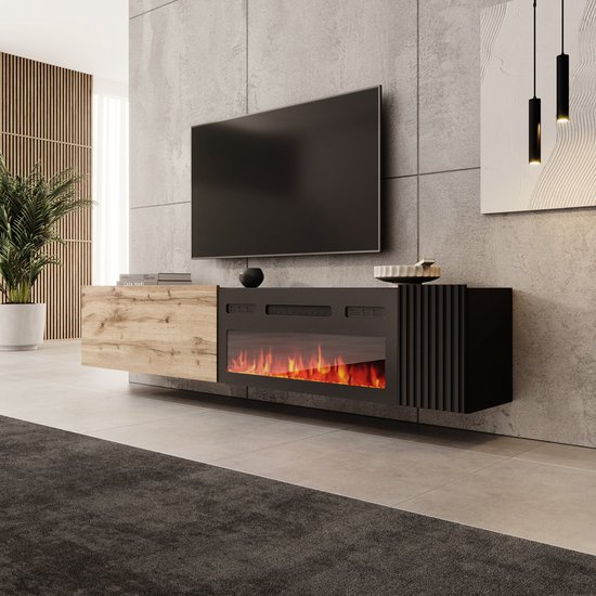 Zwart TV-meubel met houten accenten en een ingebouwde sfeerhaard met vlammen.