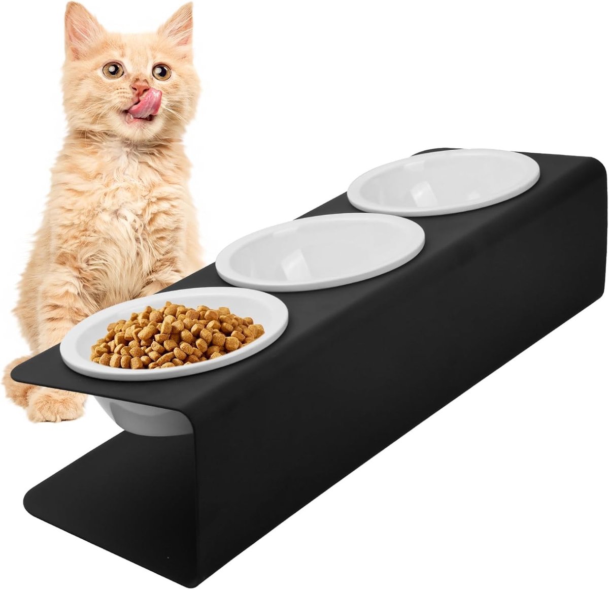 Verhoogde voerbak voor grote hond - Zwart - 43 x 14,5 x 11 cm - Koolstofstaal en Keramiek - Voerstation met 3 Kommen