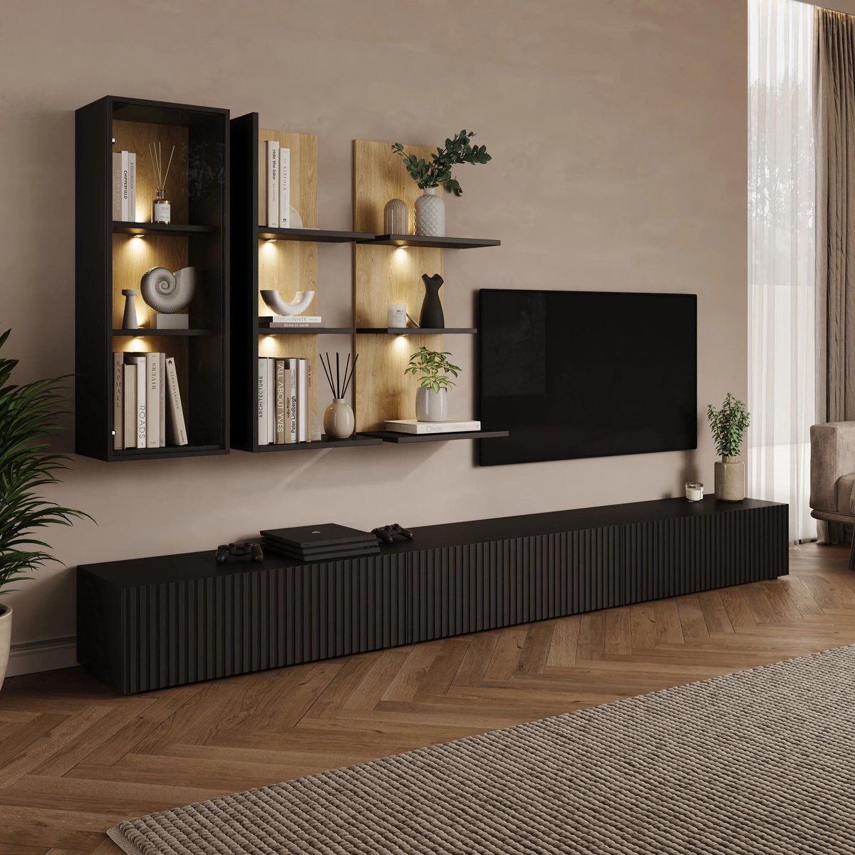 Meubella - Savio - Wandmeubel - Zwart - 300x45x160 cm