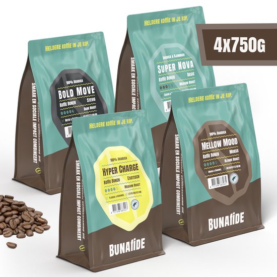 Vier zakken van 750g Bunafide koffiebonen: Bold Move (dark roast), Super Nova (medium roast), Hyper Charge (medium roast) en Mellow Mood (blonde roast).