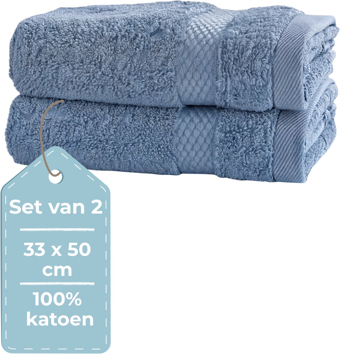 HUSH Living - Gastendoek - Handdoek - Set van 2 - 33×50 cm - 100% Katoen - Zware Kwaliteit 500g/m2 - Stijlvol Boord en Ophanglus - Blauw/Grijs