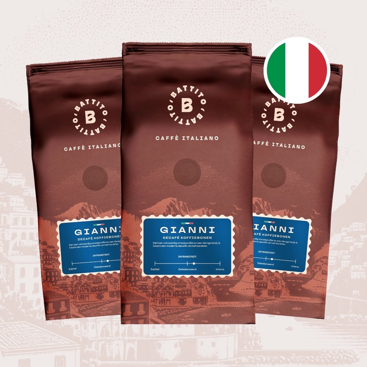 Battito 'Gianni' Italiaanse koffiebonen - Decafé - Intensiteit 6/10 - Ambachtelijke kwaliteit uit Napels, Italië - 1,5 kg
