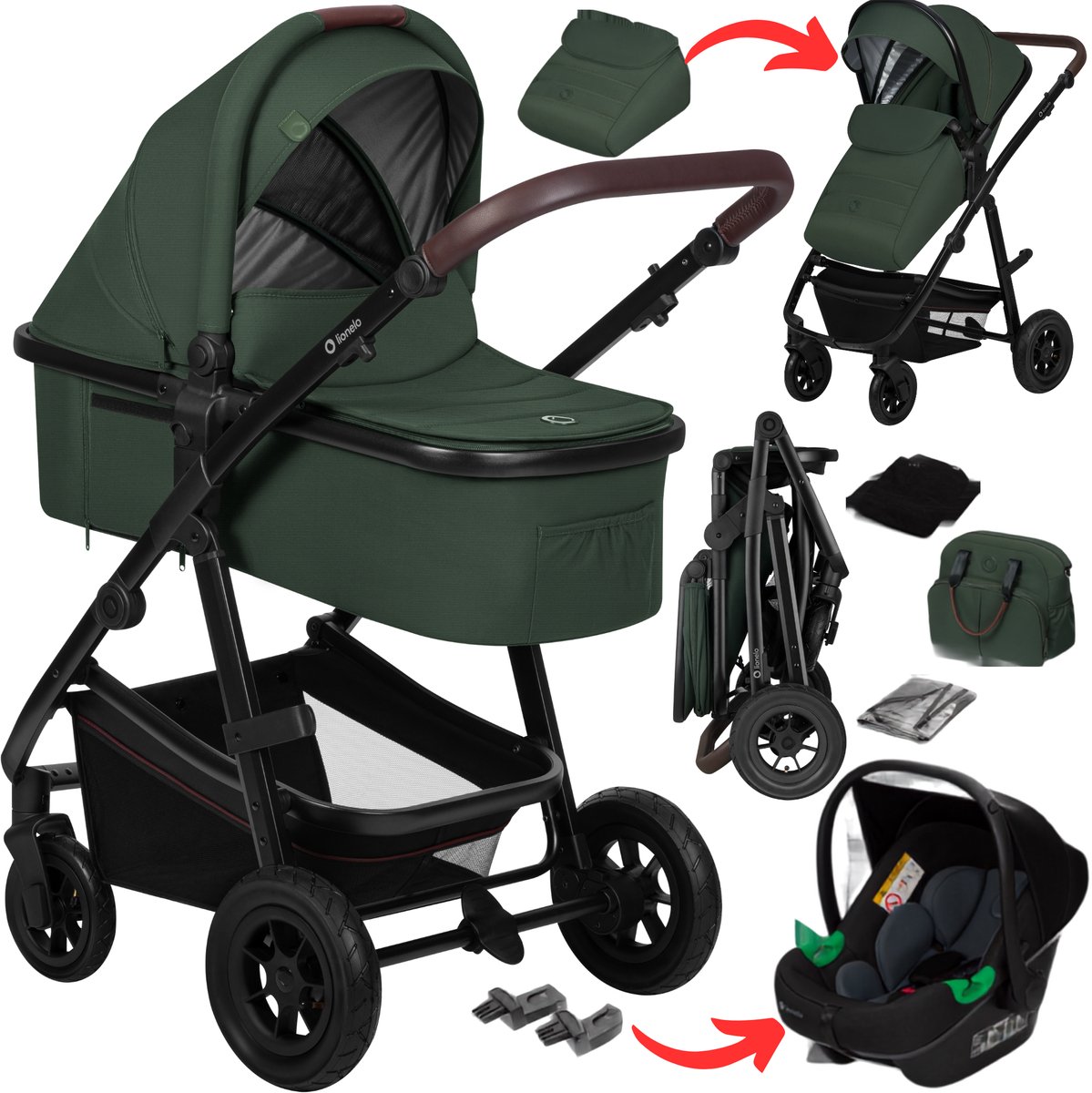 Lionelo Amber Kinderwagen 3 in 1 – Reiswieg + Wandelwagen + Astrid i-Size Autostoel met ADAC – 0-22 kg – Grote Luchtbanden – Volledige Vering – Omkeerbare Zitting – XXL Zonnekap UPF50+ – Verstelbare Duwstang – Accessoireset