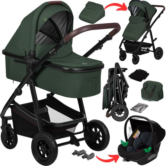Ensemble poussette 3-en-1 vert foncé avec nacelle, siège, siège auto, sac et poussette pliée.
