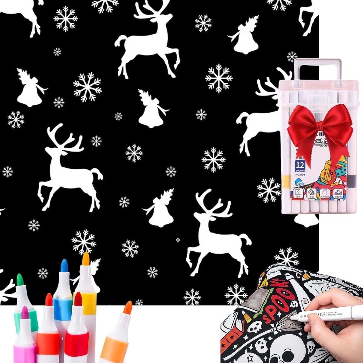 DIY Kleurdeken Met 12 Stiften - Wasbaar - DIY schilderdeken - Sneeuwvlok- en hertenpatroon - 150x125cm - Perfect cadeau - Bevordert ontspanning en mindfulness - decoratief - voor activiteiten met ouders en kinderen - Geschikt voor Kerstmis/Halloween