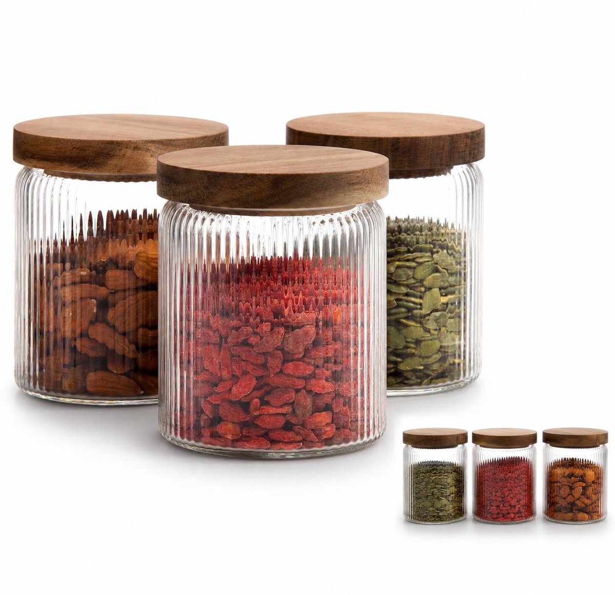 Bobypet - Voorraadpotten - set van 3 geribbelde glazen potten 650 ml - houten deksel - 9 x 15 cm
