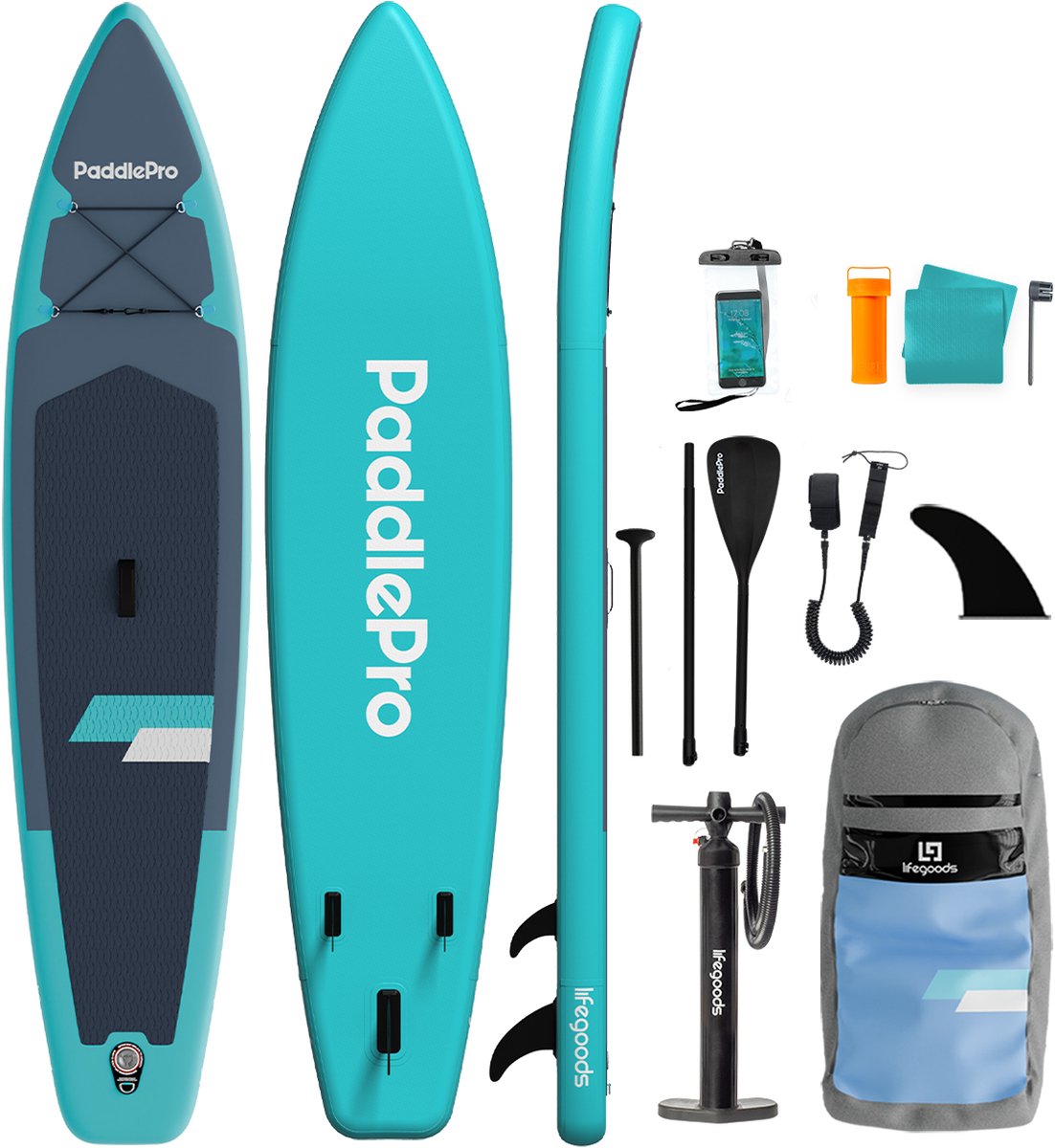 LifeGoods SUP Board Touring - 165 KG Draagkracht - 365 x 76 cm - Opblaasbaar - Compleet Sup pakket - Turquoise