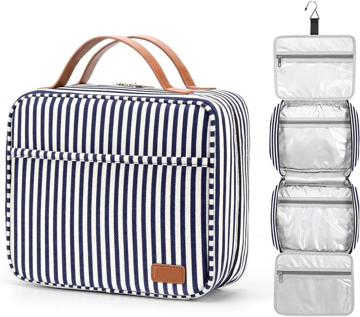 QTTVBTNA – Hangende Toilettas 4 Vakken – Reis Toilettas met Haak – Make-up Organizer en Cosmeticatas voor Dames – Voor Reizen, Vakantie en Badkamer – Blauw