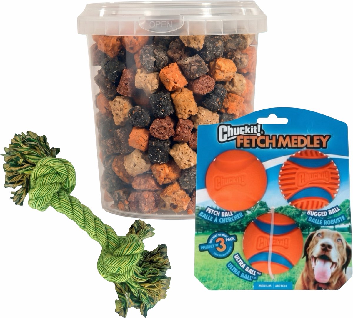 Combideal: Chuckit Fetch Medley Ballen + Mixtrainers Emmer 850 ml + Stevig flostouw