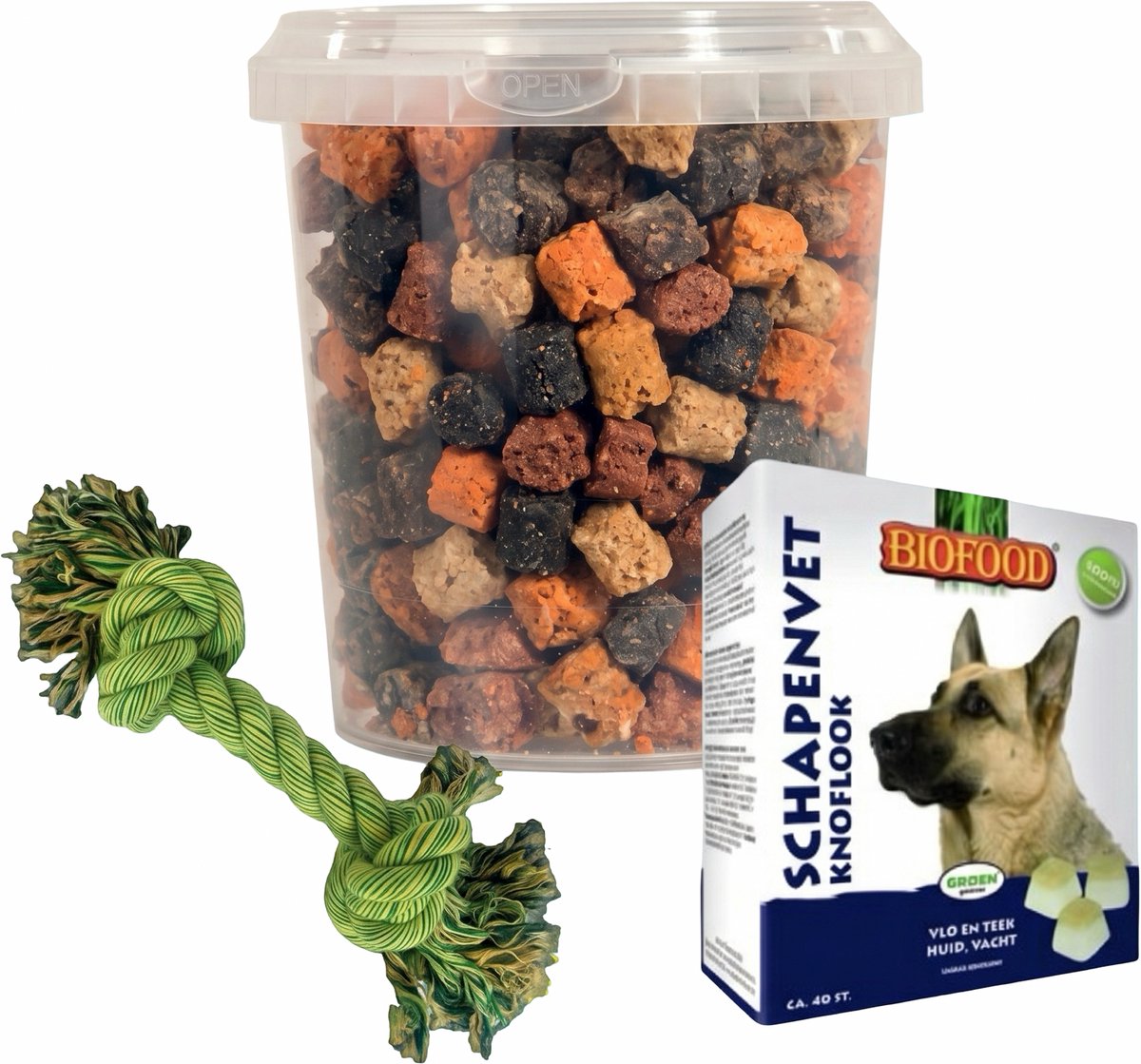 Combideal: BF Schapenvet Maxi Bonbons Knoflook + Mixtrainers Emmer 850 ml + Stevig flostouw