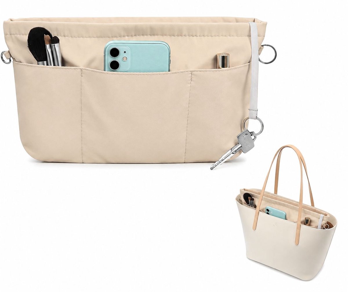 Bobypet - Tas organizer - handtas organizer met 13 vakken en sleutelkoord - maat L - beige