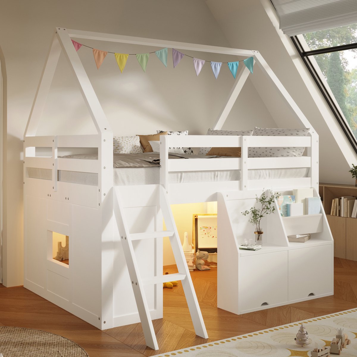 Kinderbed, Hoogslaper In Huisvorm Met Trap, 140X200 cm, Ledverlichting, Opbergvakken Met Scharnierende Deksel En Stoffen Vakken