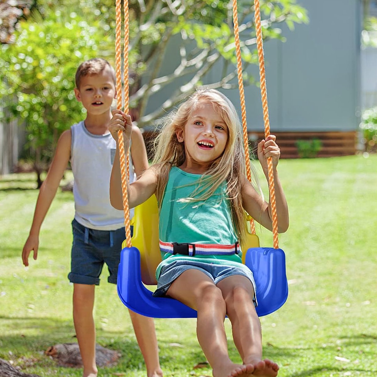 Babyschommel 3-in-1 - Verstelbare Tuinschommel voor Kinderen - Met Rugleuning en Veiligheidsbeugel - Blauw - Max. 40 kg