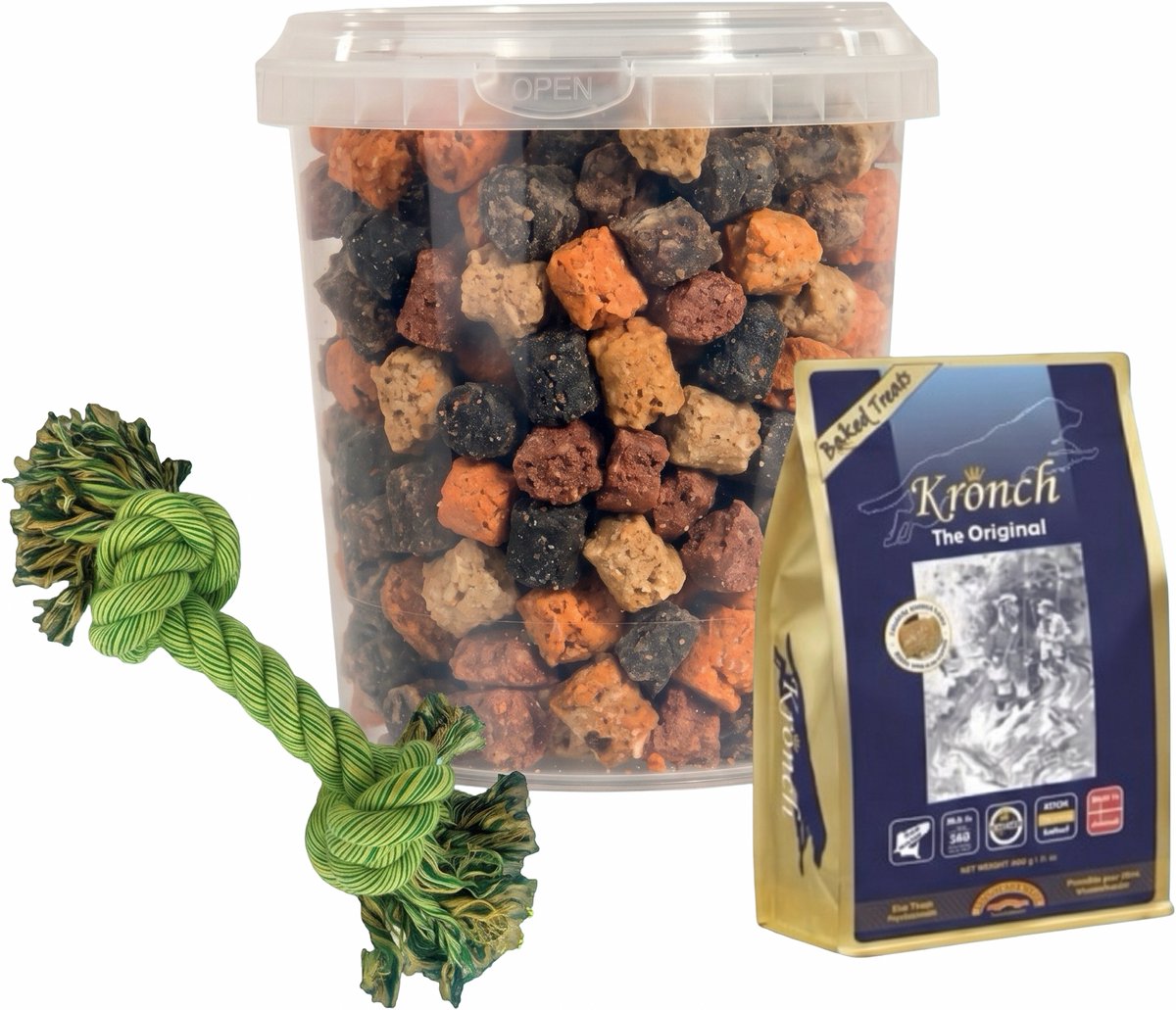 Combideal: Kronch 100% Zalm Hondensnack 600 g + Mixtrainers Emmer 850 ml + Stevig flostouw