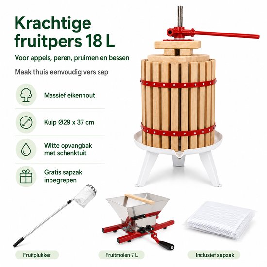 HOME It® Fruitpers Set 18 L - Eikenhout Appelpers met Fruitmolen 7 L, Telescopische Fruitplukker 150-260 cm & Gratis Sapzak - Voor Sap & Cider van home-it — afbeelding 2