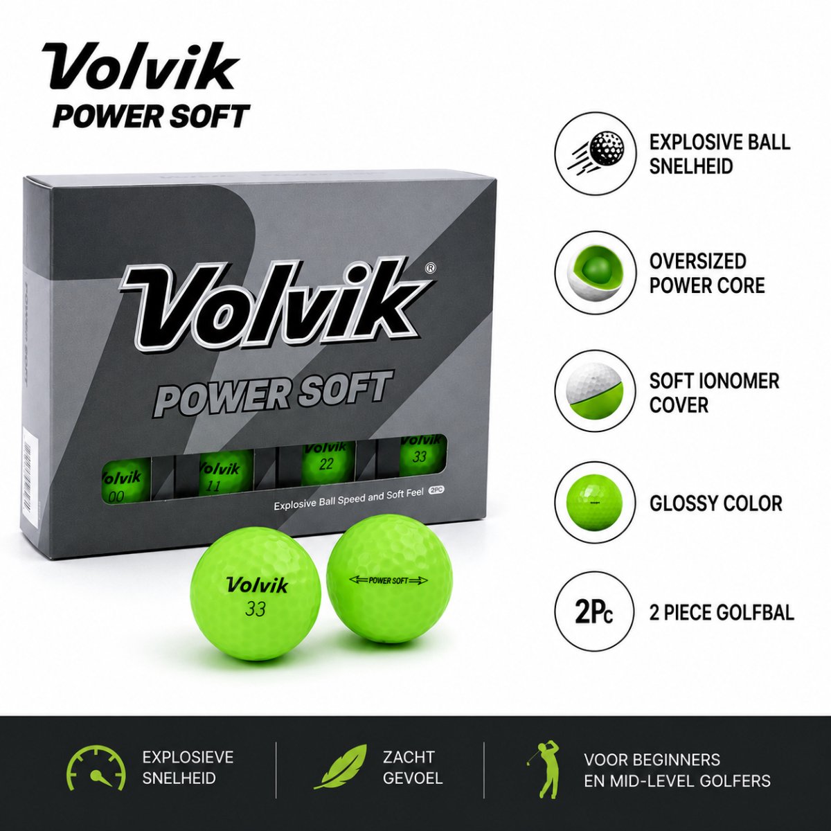 Volvik Power Soft Golfballen 6 Stuks – 2-Piece – Neon Groen – Explosieve Balsnelheid – Zacht Gevoel – Golfballen voor Beginners & Mid-Level Golfers - Golfballen