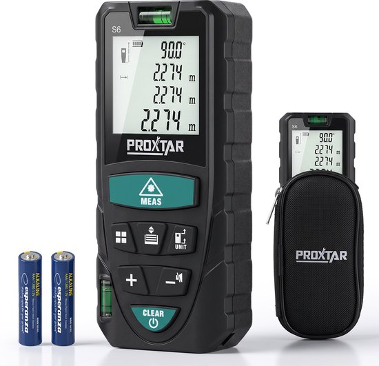 ProXtar S6 laser afstandsmeter met beschermhoes en 2x AAA batterijen.