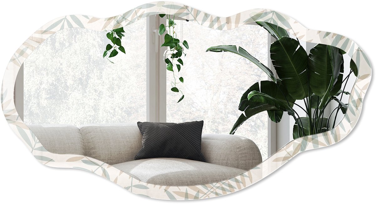 Wallfluent Plantenpatroon Spiegel - Beige Rechthoekige Spiegel Voor Interieur - Organische Spiegel - Slaapkamer, Woonkamer, Hal - Minimalistisch - 45x90 cm - Totale afmeting 52x97 cm