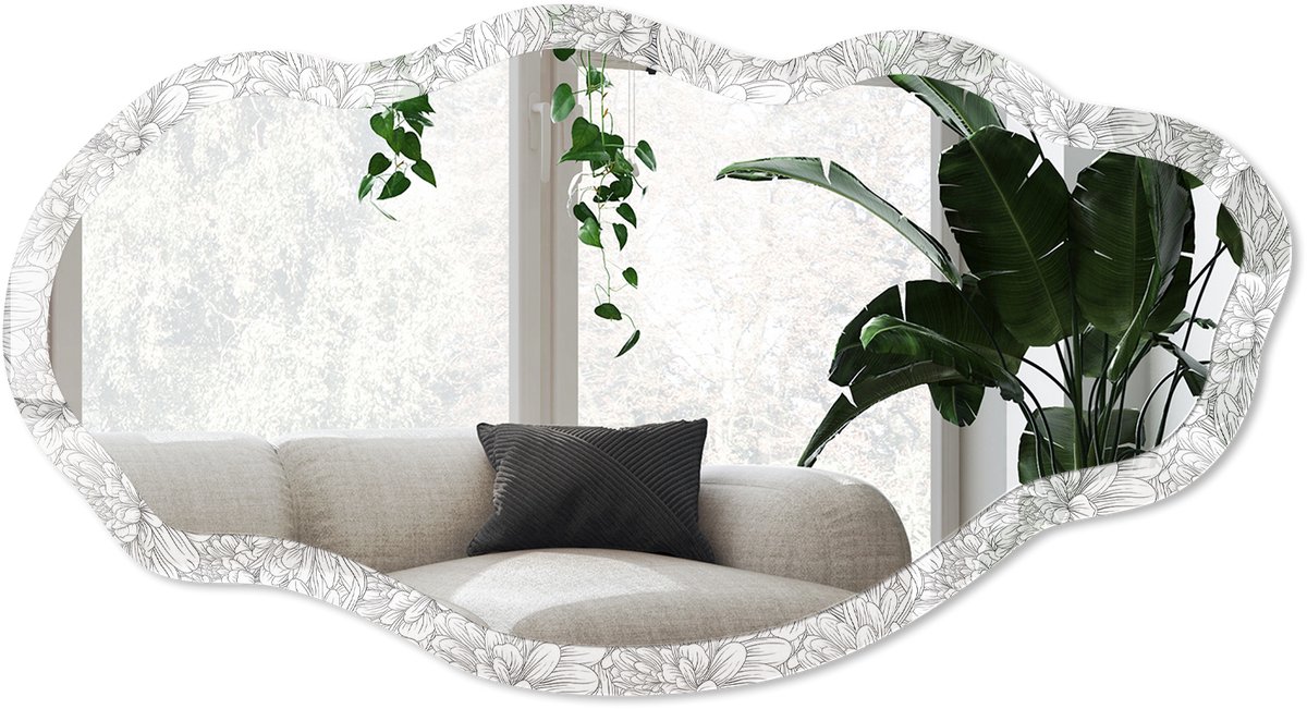Wallfluent Bloemenpatroon Spiegel - Grijs Rechthoekige Spiegel Met Modern Design - Organische Spiegel - Slaapkamer, Woonkamer, Kantoor - Lijntekening - 45x90 cm - Totale afmeting 52x97 cm