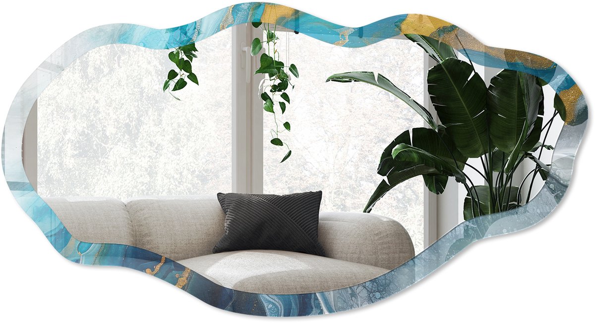 Wallfluent Dynamische Golven Spiegel - Turkoois Stijlvolle Wandspiegel - Organische Spiegel - Woonkamer, Kantoor, Slaapkamer - Abstract - 45x90 cm - Totale afmeting 52x97 cm