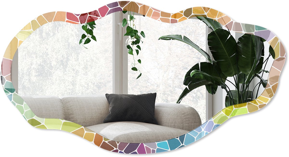 Wallfluent Kleurrijk Mozaïek Spiegel - Geel Elegante Rechthoekige Wandspiegel - Organische Spiegel - Woonkamer, Kantoor, Slaapkamer - Abstract - 45x90 cm - Totale afmeting 52x97 cm