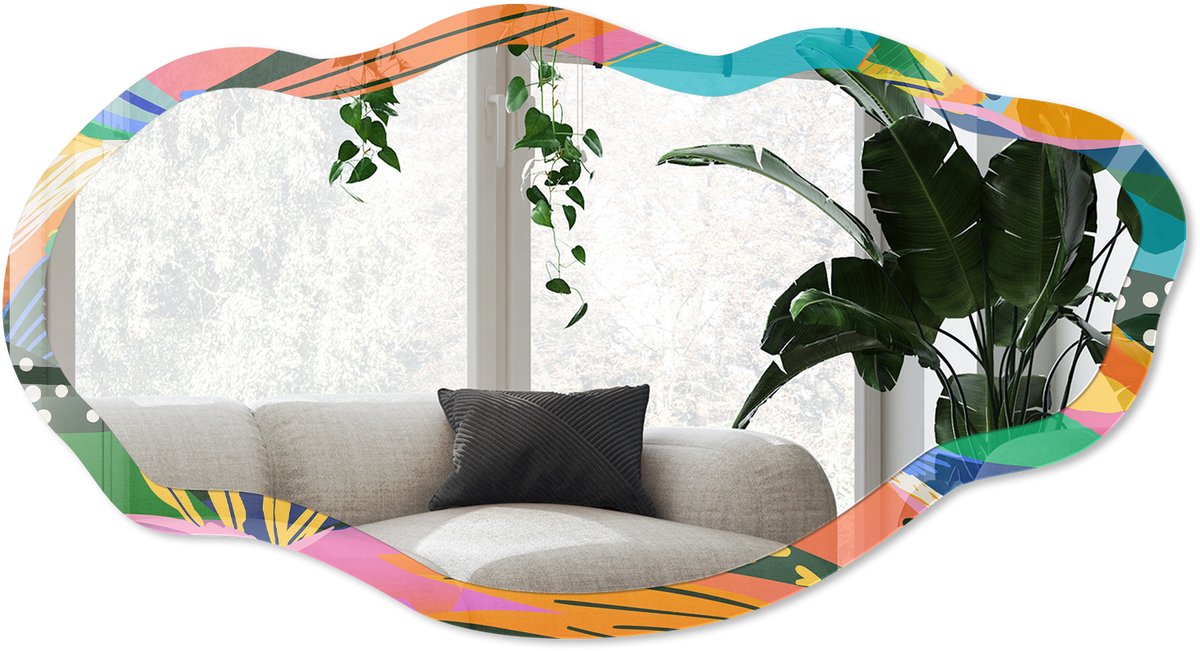 Wallfluent Kleurrijke Veren Spiegel - Groen Moderne Rechthoekige Wandspiegel - Organische Spiegel - Woonkamer, Kantoor, Slaapkamer - Abstract - 45x90 cm - Totale afmeting 52x97 cm