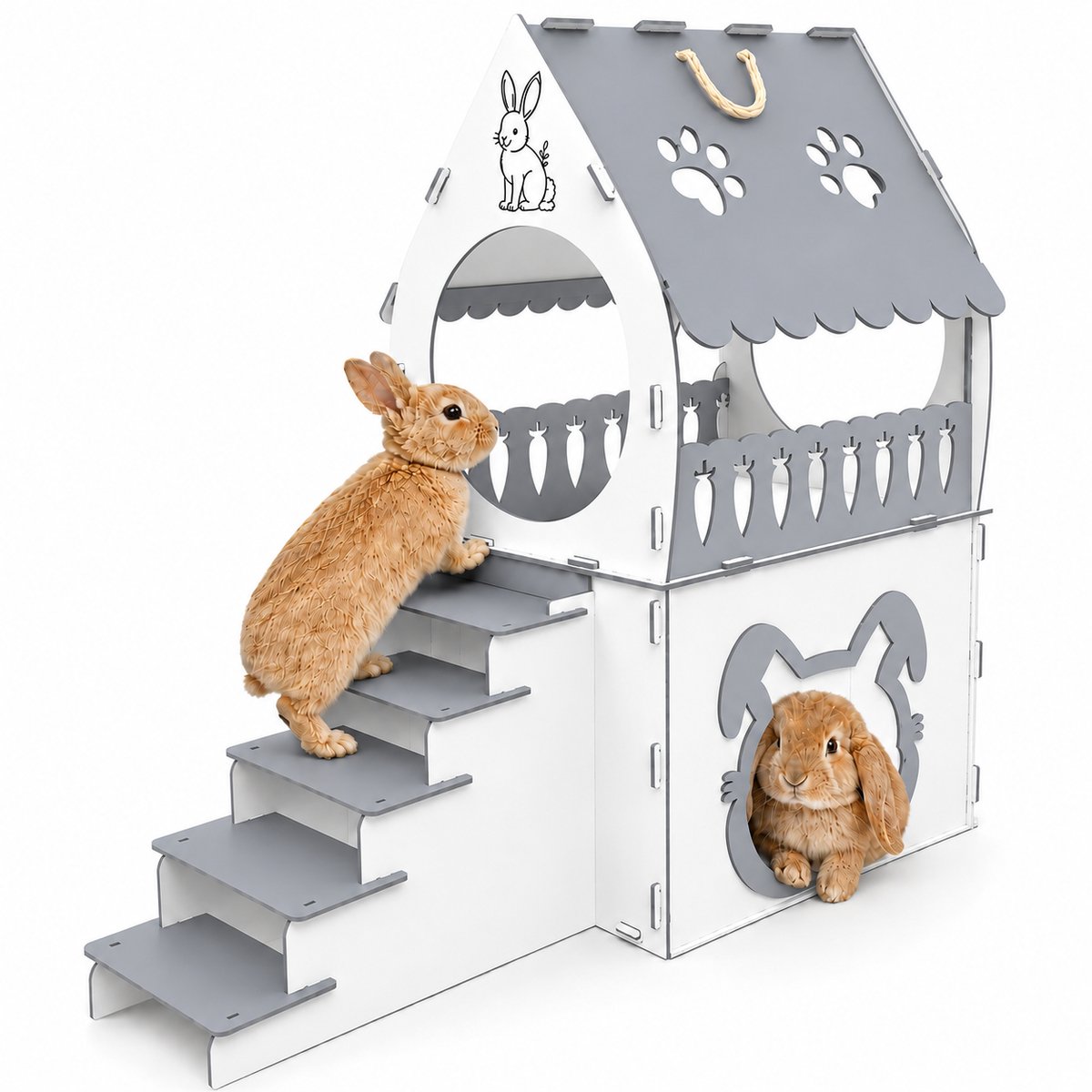 Konijnenhok – Cavia Kooi – Konijnenhok Binnen – 85x45x83 cm – Cavia Hok – Konijnenhuis – Groot Konijnenhok – Speelhuis voor Dieren – 2 Verdiepingen met Trap