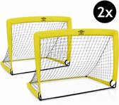 Twee gele Umbro voetbaldoelen met zwarte netten en een "2x" indicator.