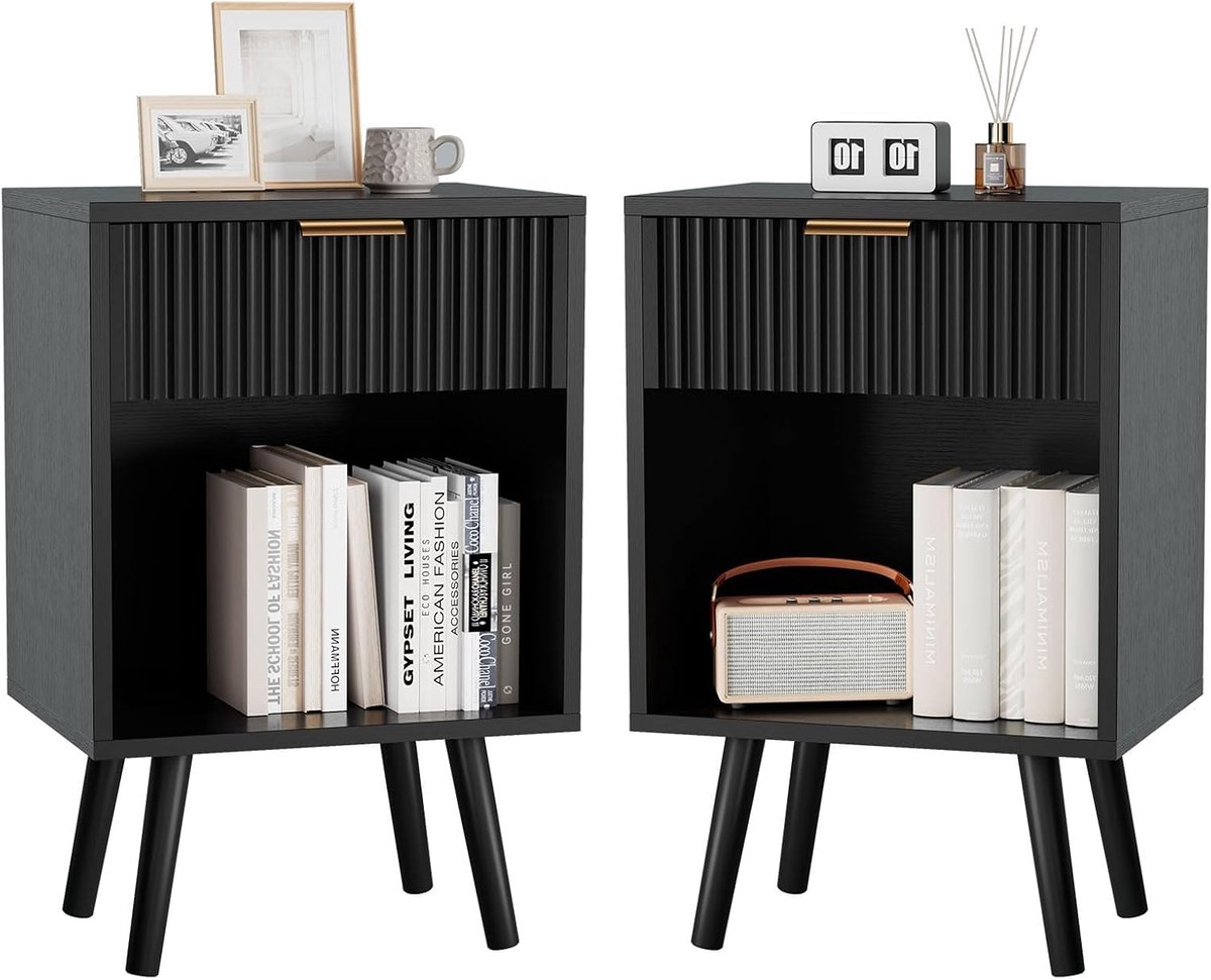 Home & Beyond® Nachtkastjes Set van 2 - Bijzettafels met Lade en Open Vak - Geribbelde Fronten - Zwart - 39x29x59.5 cm