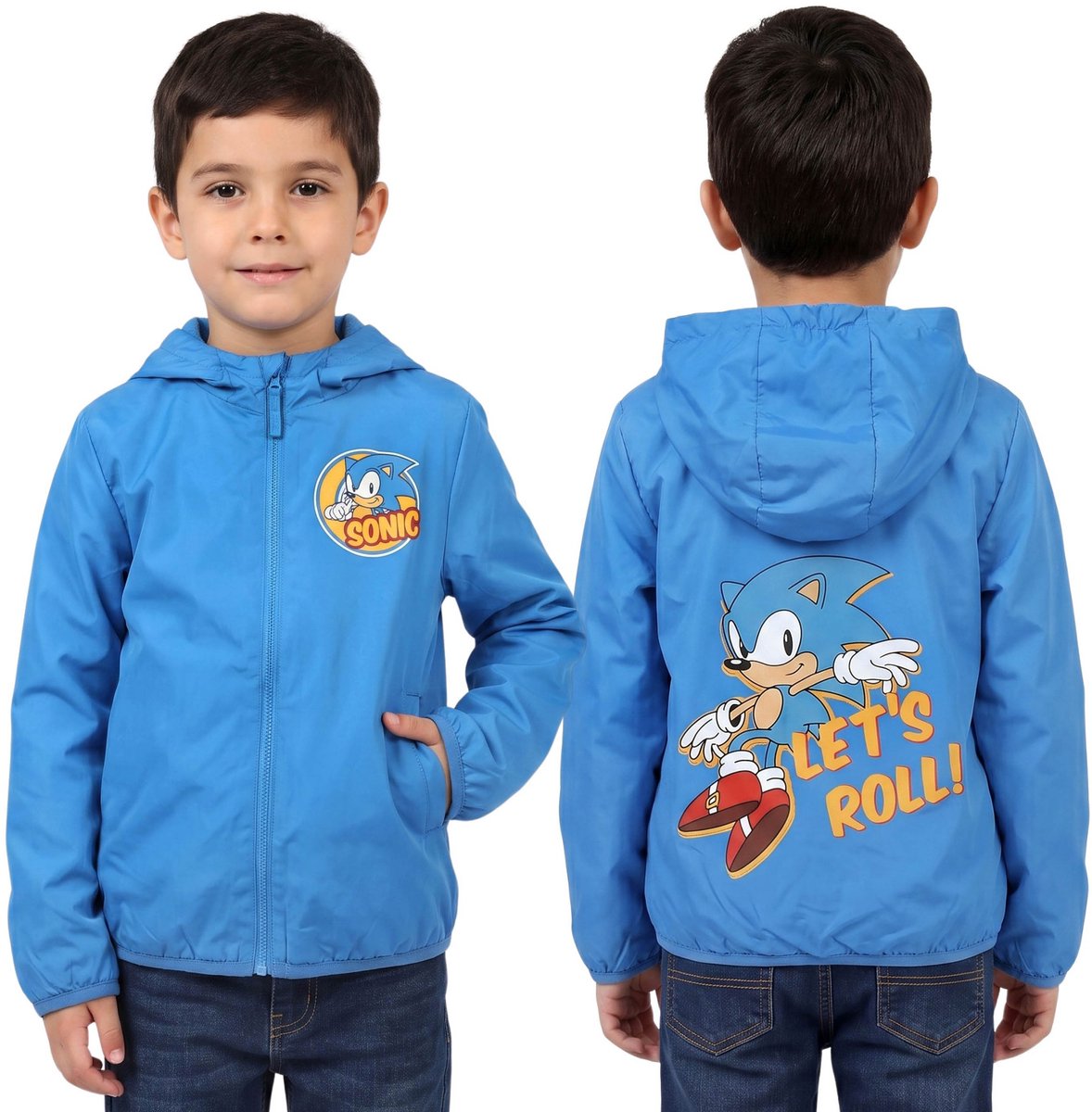 Sonic Blauwe jas voor jongens, WINDJAS met capuchon, GEVOERD MET FLEECE 122/128